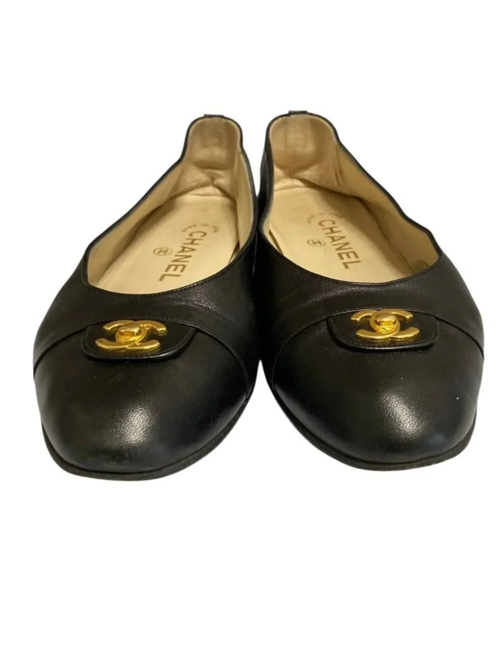 Chanel Turnlock CC Logo Plain Toe Shoes Flat Leather Pumps Black